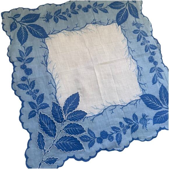 Vintage 1950s Philippine Embroidered Leaf Cotton Handkerchief Set Of 2 Blue Pink - Picture 2 of 7